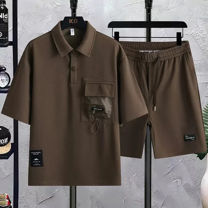 

Summer Solid Color Ice Silk Breathable Running Short Sleeve T-Shirt Set Men's Casual Loose Fit Sports Plus Size Two-Piece Set