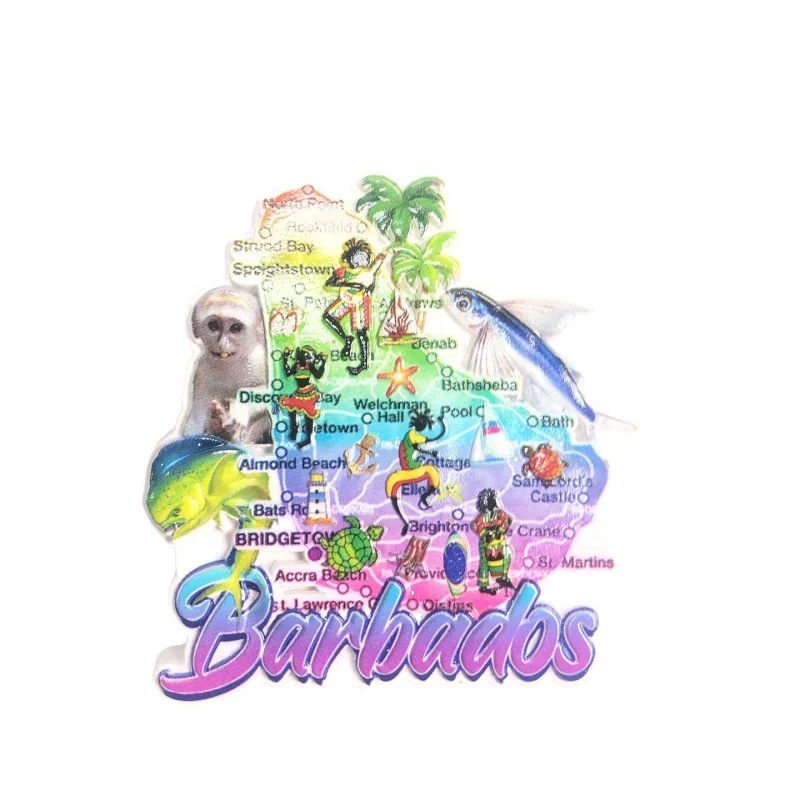 Barbados travel souvenir fridge magnet in map shape with island landmarks, personalized decorative magnet