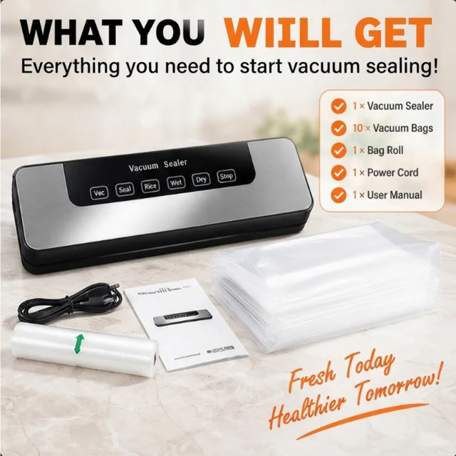 Purple Light Vacuum Sealer Machine, 6-in-1 Food Sealer with Strong Suction, Vacuum Packaging Machine for Meat, Vegetables 6