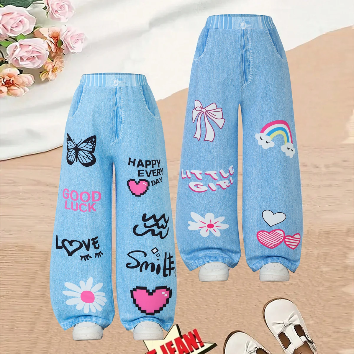 2pcs Girls Light Blue Denim-Look Wide Leg Pants, 4-7Y, Cartoon Graffiti Print, Sweet Daily/School Wear, Breathable Fabric