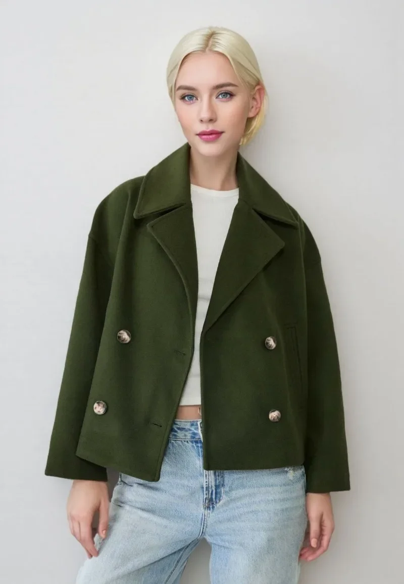 Lässige Kurze Wollmischmantel für Damen, Locker Geschnittene Jacken mit Revers, Doppelreihig, mit Taschen, Langen Ärmeln, Herbst-Winter 2026, Einfarbiger Damenmantel – Detail 6