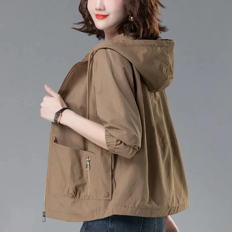 

Spring Autumn Short Windbreaker Women 2024 New Loose Hooded Trench Coat Fashion Zipper Pocket Outerwear Pure Colour Tops Female