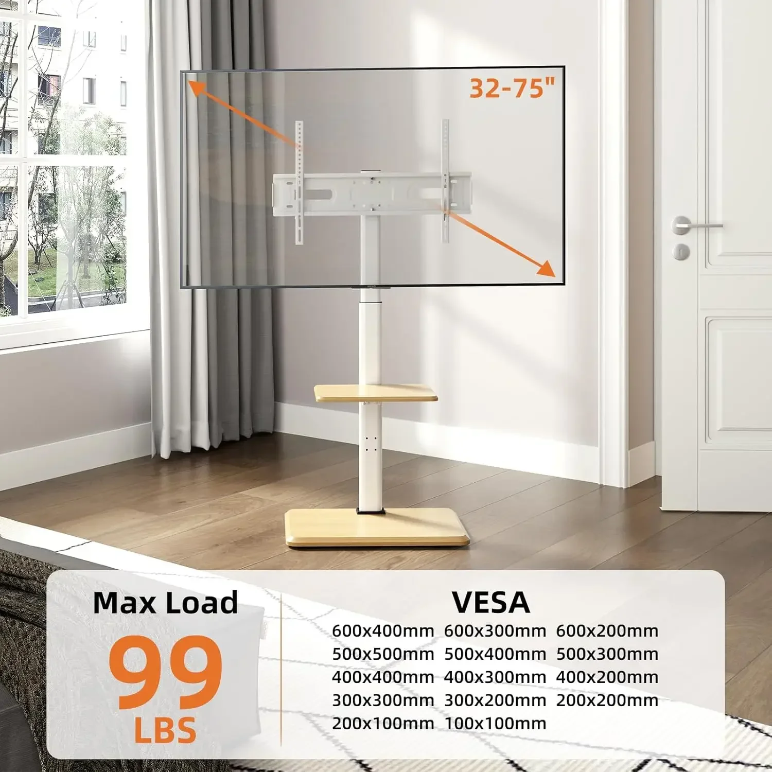 Rolling TV Stand with Hidden Wheels, Mobile TV Cart for 32-75 Inch TVs up to 99 lbs, TV Stand with Swivel and Height Adjustment,