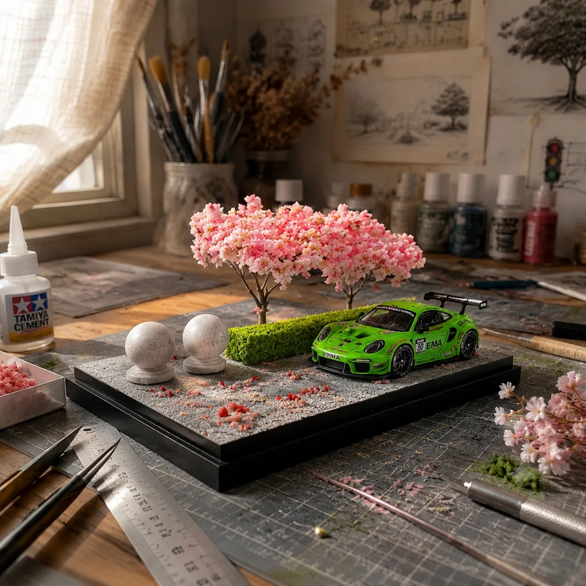 1:64 Park Road Scene Mini Car Model Acrylic Display Box Handmade Micro Mini Desktop Ornament