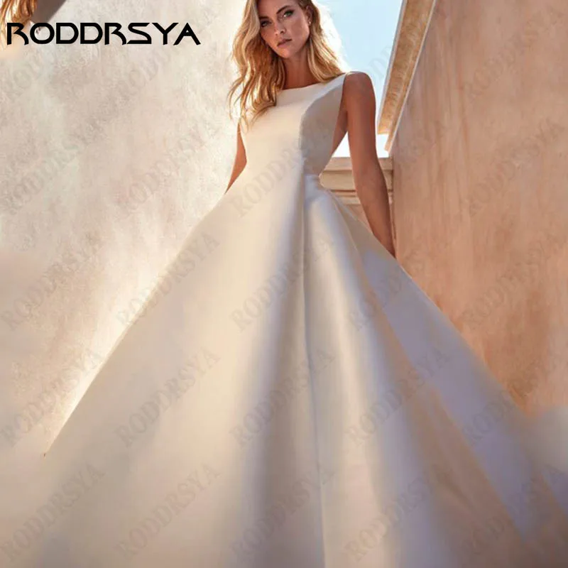 RODDRSYA Scoop Neck Satin Bridal Party Sleeveless Button A-Line Vestido Noiva Spagehtti Straps Open Back Wedding Dress For Women