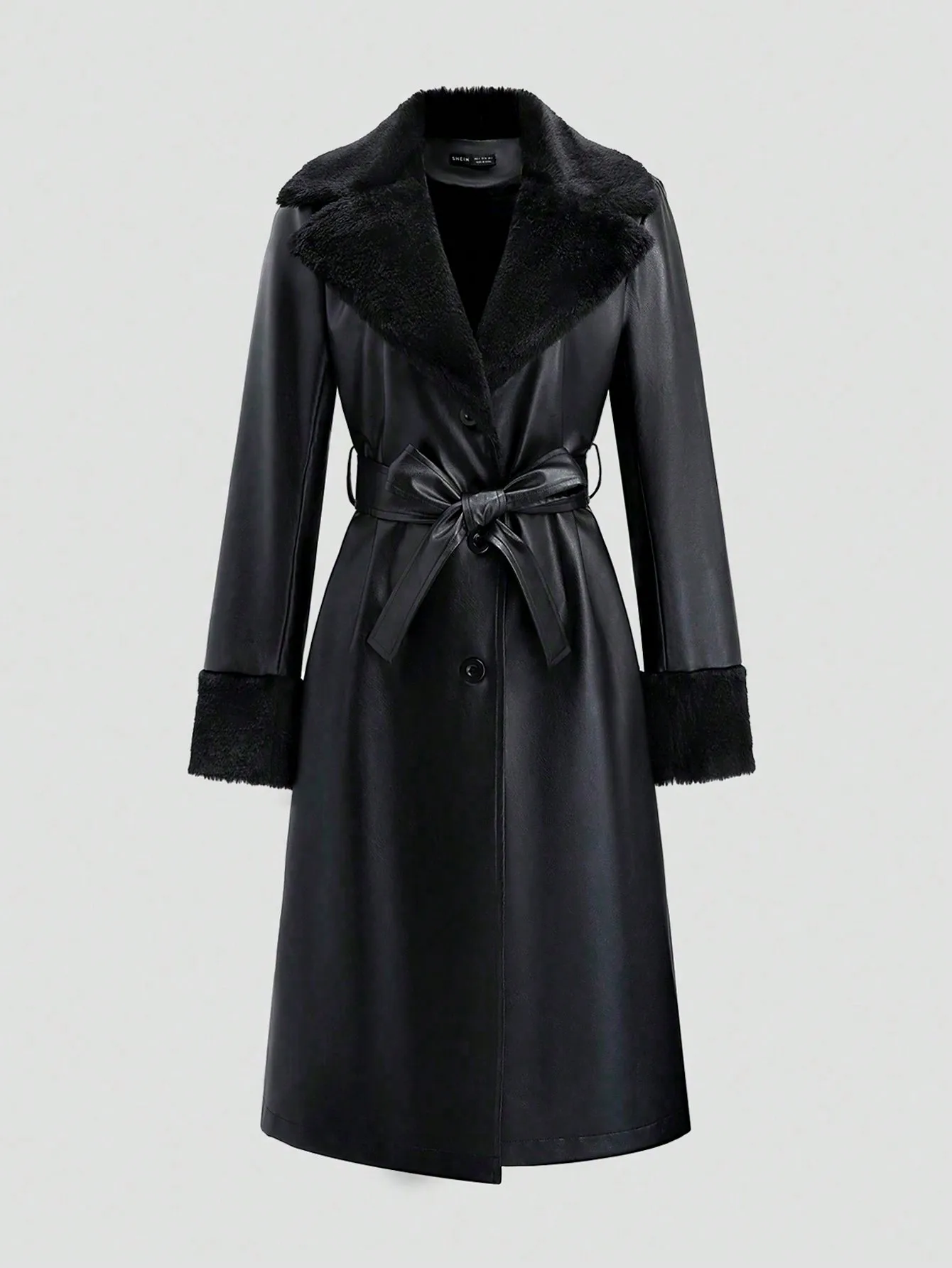 

Женский длинный плащ из искусственной кожи с воротником из искусственного меха и манжетами, поясом на талии на осень-зиму