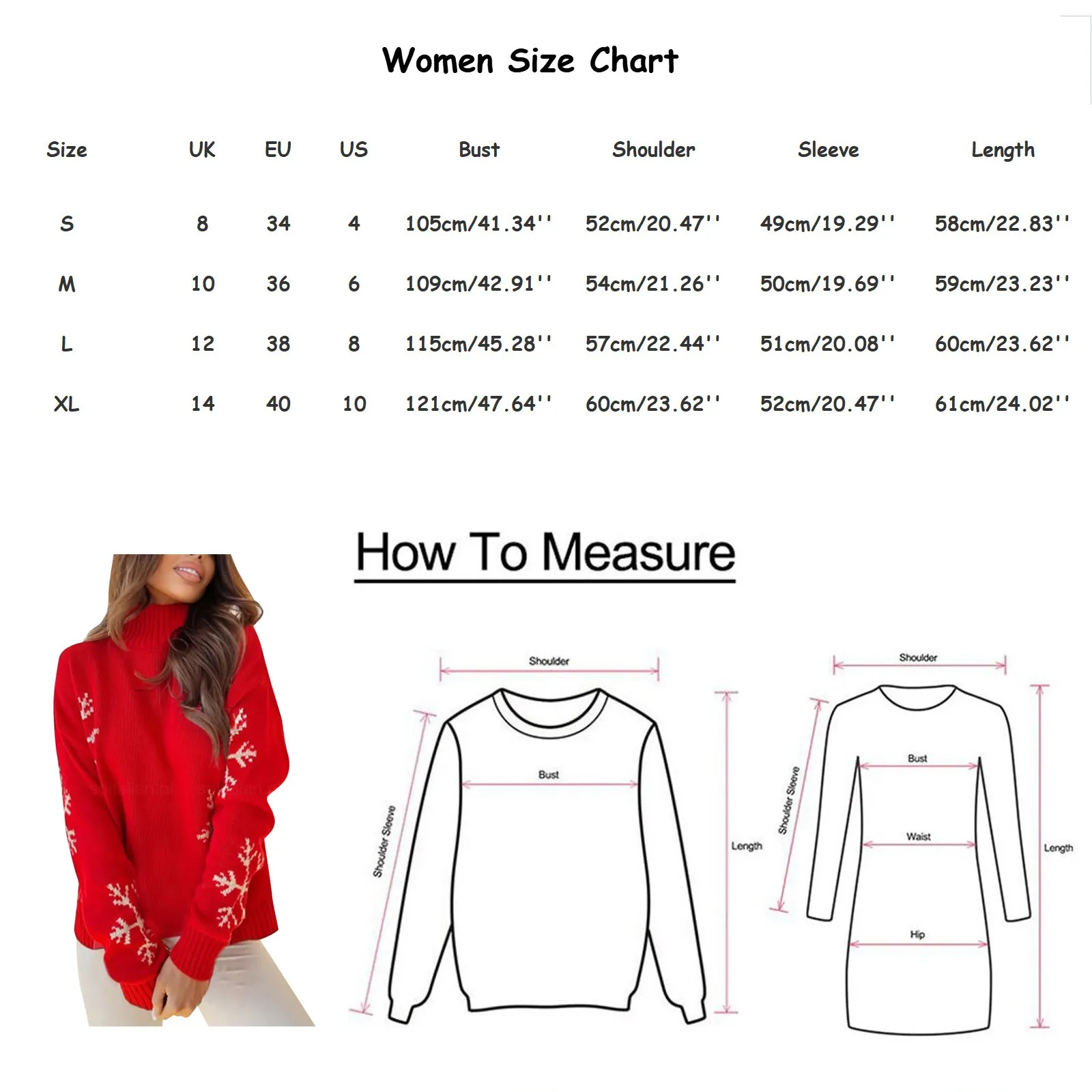 Women Christmas Red Sweater Snowflake Print Casual Loose Knitted Pullover Long Sleeve Turtleneck Sweaters For Xmas New Year