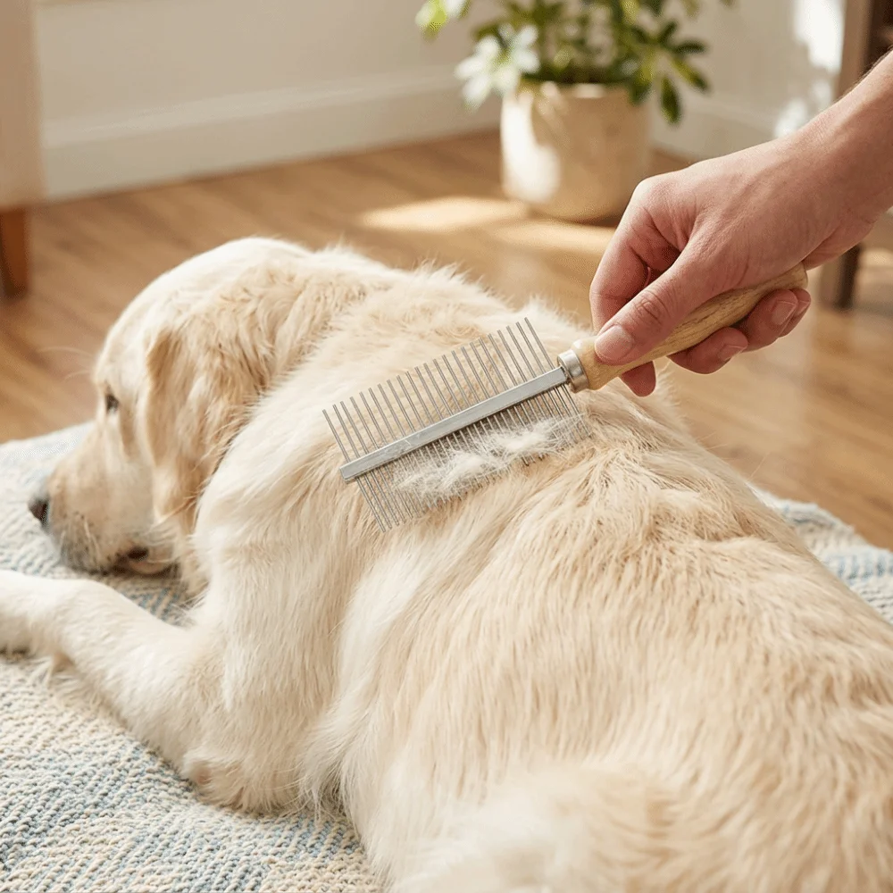 Wood Grip Pet Grooming Comb Metal Teeth Smooth Surface Double Sided Pet Comb Standard Size Dual Tooth Wooden Handle Pet Comb