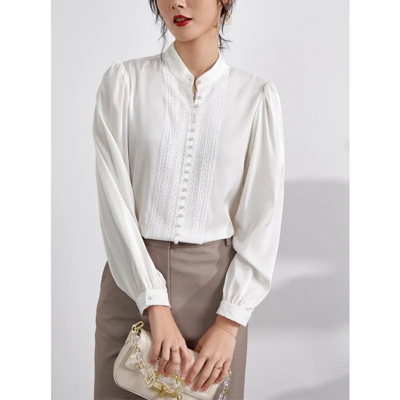 92% Silk Blouse Women White Shirt Elegant Design Solid Stand Neck Lace Long Sleeves Office Top New Fashion