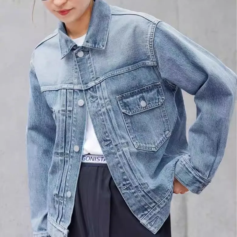 

New 2025 Autumn Cotton Jaet Women's ort Jeans Jaet Vintage Waed White inding Old Blue Jeans Sle Straight Fit Coat
