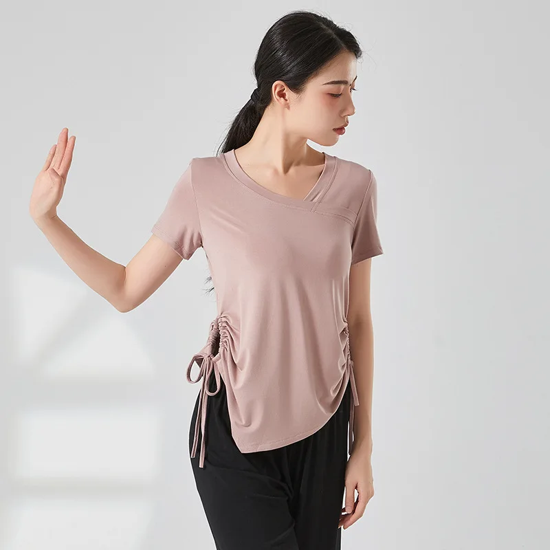 Women's Modern Dancewear Solid Color Top Irregular Neckline Double Side Waist Drawstring Split Hem Teachers Daily Yoga Clothes