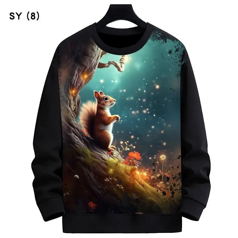 

Fashionable Fleece Lined round Neck Sweatshirt with Digital Mouse Pattern Spring Summer Unisex Basic Style Polyester Fiber