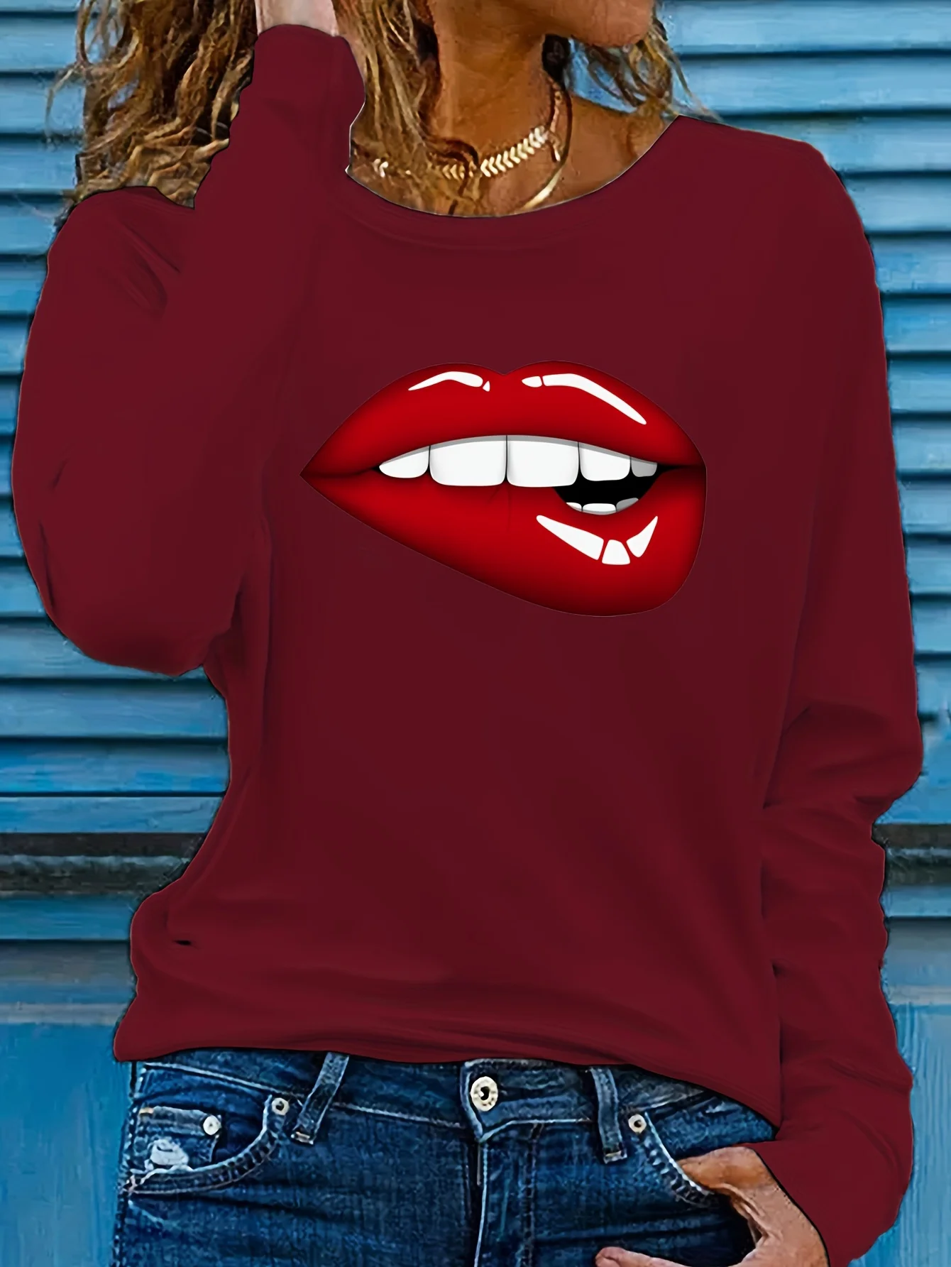Women's Spring and Autumn 100% Pure Cotton Fashionable Casual Loose Red Lip Printed Round Neck Long Sleeved T-Shirt Top