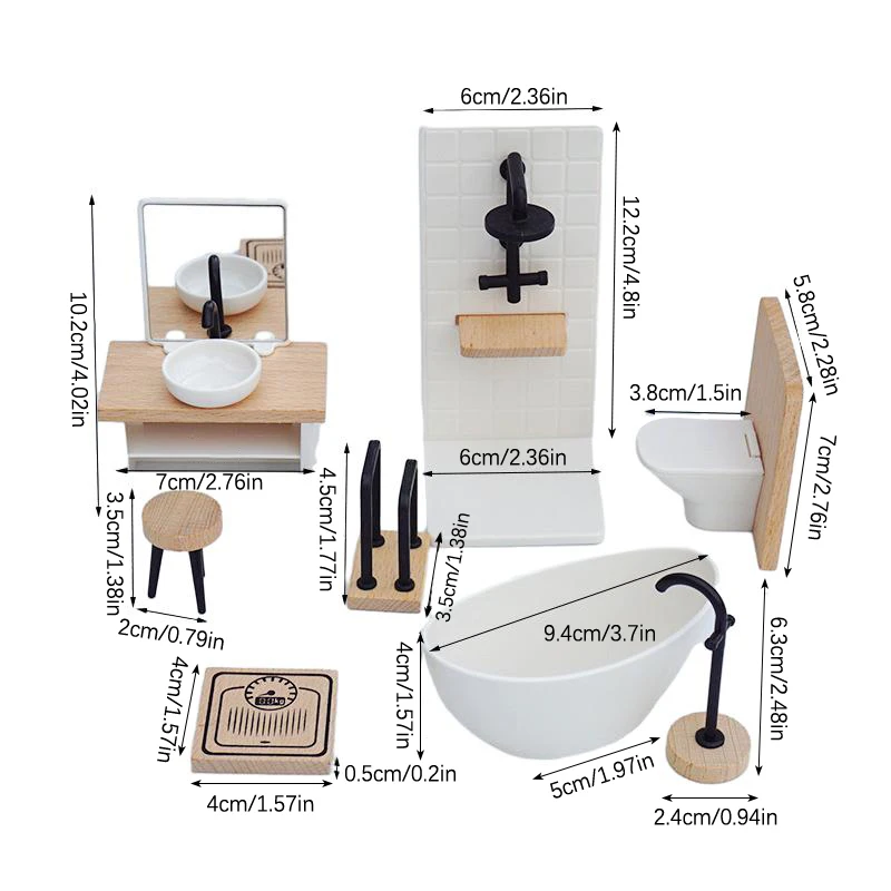 Dollhouse Miniature Bathroom Set, Shower Room, WC, Banheira, Pia, Móveis Commode, Decoração Toy, Doll House Acessórios, 1:12