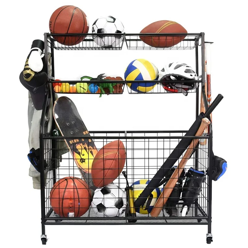 Outdoor Metal Sports Equipment Storage Rack Garage Basketball Organizer For Ball Outdoor Cart With Baskets And Hooks