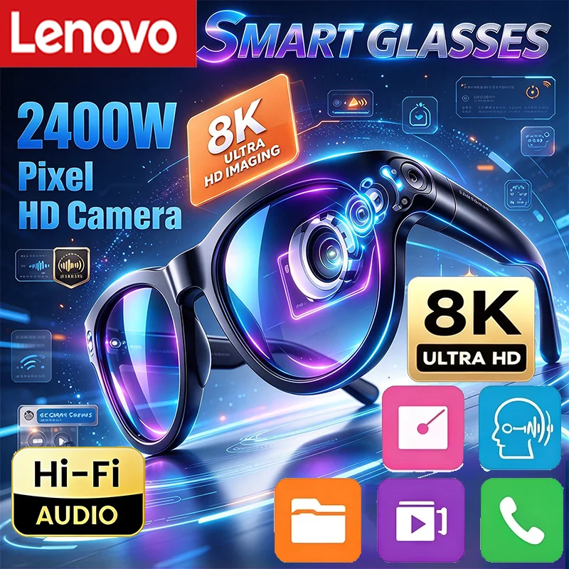 2027 Lenovo 8K Recording AI Smart Camera Glasses Hands-Free Call Translation AI Chat Music 2400MP Smart Sunglasses Electronics
