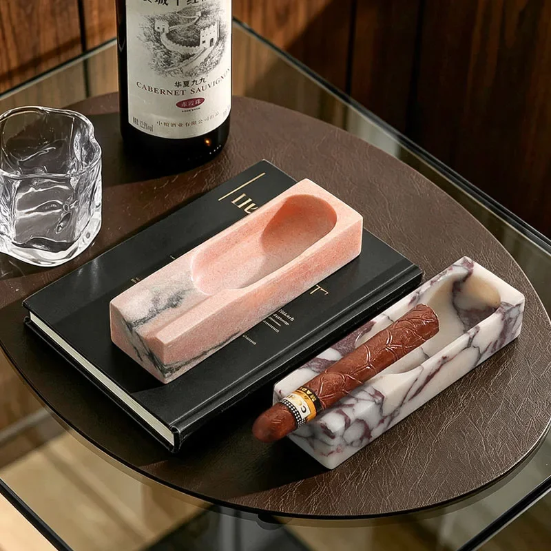 【Natural】Natural Marble Cigar Ashtray Single Slot Rectangle Stone Cigar Holder Ash Tray Luxury Desktop Home Bar Decor Man Gift
