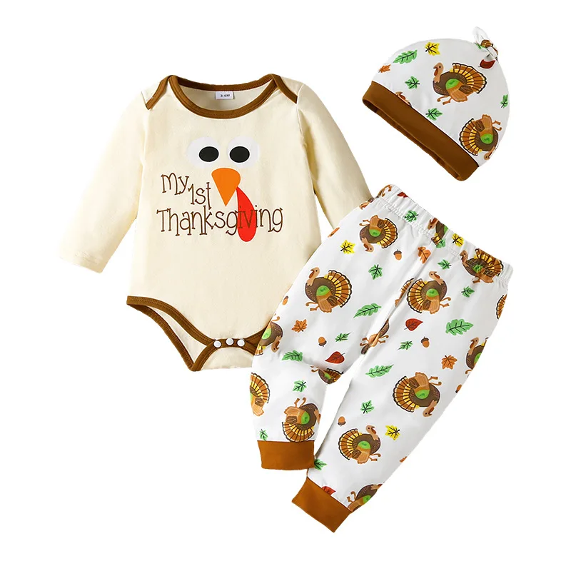 

Christmas Baby Boys Thanksgiving Long Pants Sets Long Sleeves Rompers Turkey Print Pants Hat Sets Children Clothing