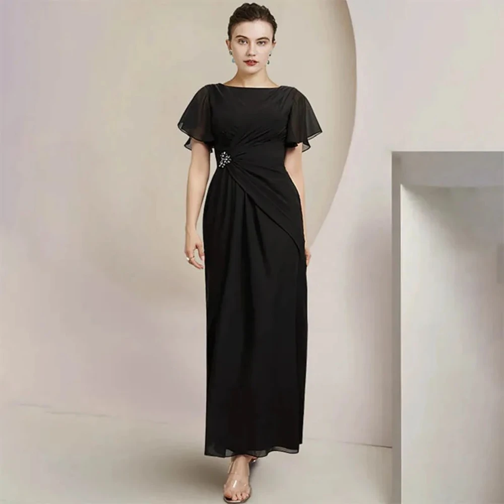 

Black Mother of The Bride Dress Customized Scoop Neck Short Sleeve Chiffon Crystal Ankle Length Formal Wedding Party Gown 2026