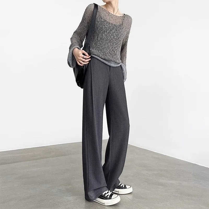 Women High Waist Narrow Wide Leg Suit Pants Draping Straight Trousers Gray Elegant Casual Pants Spring Summer Versatile Slim Fit