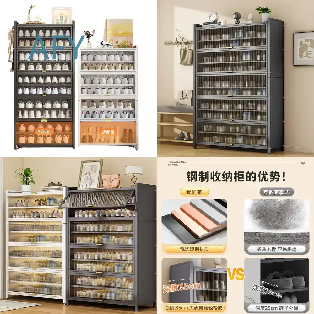 Steel Shoe Cabinet for Household Door New Explosion Design Large-Capacity Wrought Iron Upturn Door Multi-Layer Storage