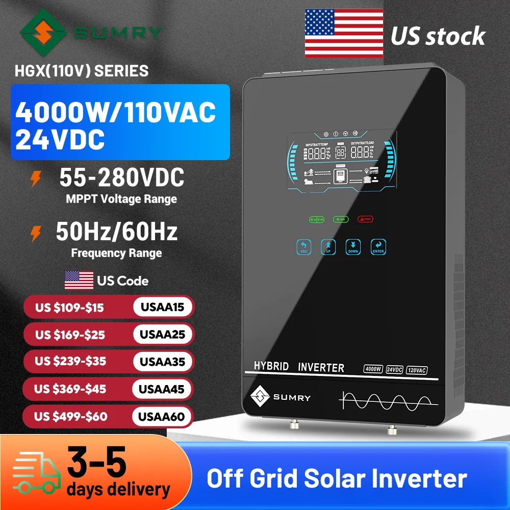 SUMRY-inversor Solar fuera de la red, 4KW, 6KW, 120V, 24V, 140A, 5600W, cargador MPPT, inversor doméstico de onda sinusoidal pura, pantalla LCD de 6,25 pulgadas