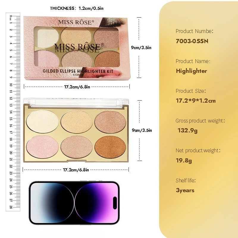 MISS ROSE 6-Color Highlight Contour Palette Multifunctional Makeup Cosmetic Tray Natural Brighten Skin Tone Facial Outline Modif