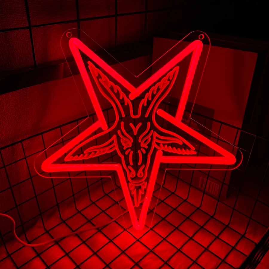 Bar Neon Led Art Wall Decor, Room Gothic Three-Dimensional Carved Lamb And Inverted Playroom Home Sign Five-Pointed Beauty Star.