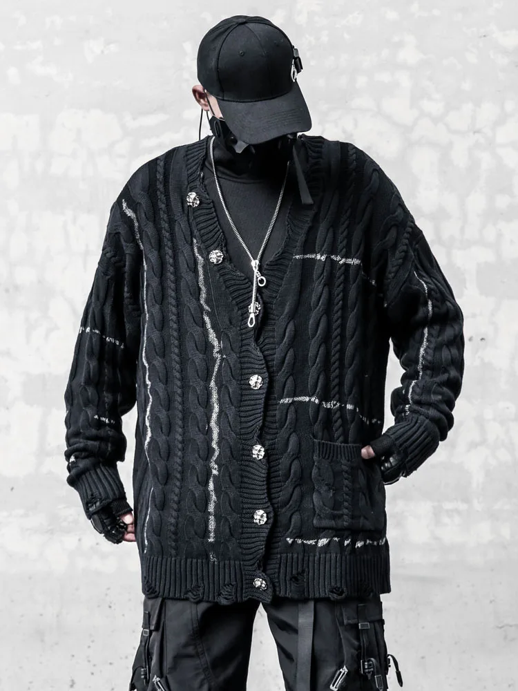 

Dark Retro Make Old Ripped Sweater Cardigan Loose Trendy High Street Oversize Coat Men