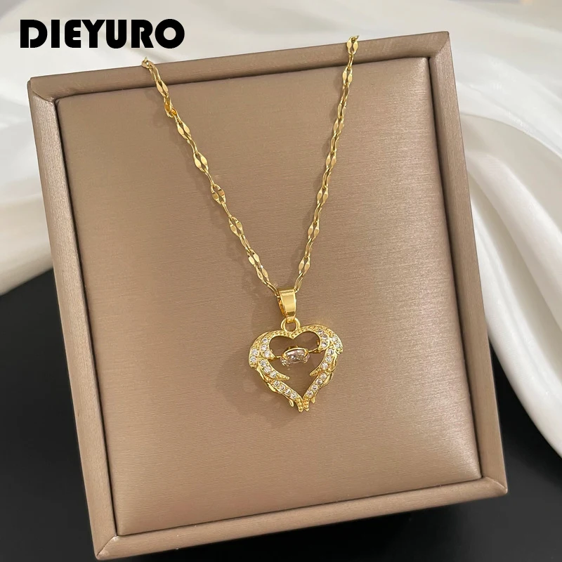 DIEYURO 316L Stainless Steel Heart Wing Zircon Pendant Necklace For Women Fashion Girls Clavicle Chain Party Jewelry Gift Bijoux