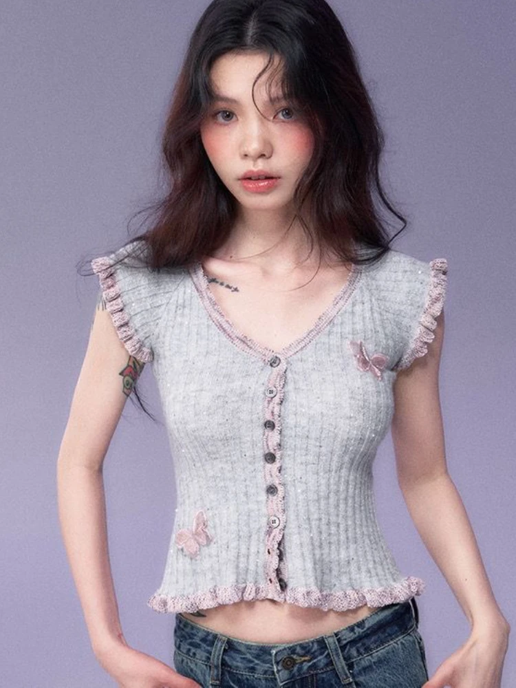 Sweet 3D Butterfly Blouse Women Contrast Color Ruffled Slim Harajuku Tops Y2k Aesthetic Single Breasted Grunge Blusas Streetwear