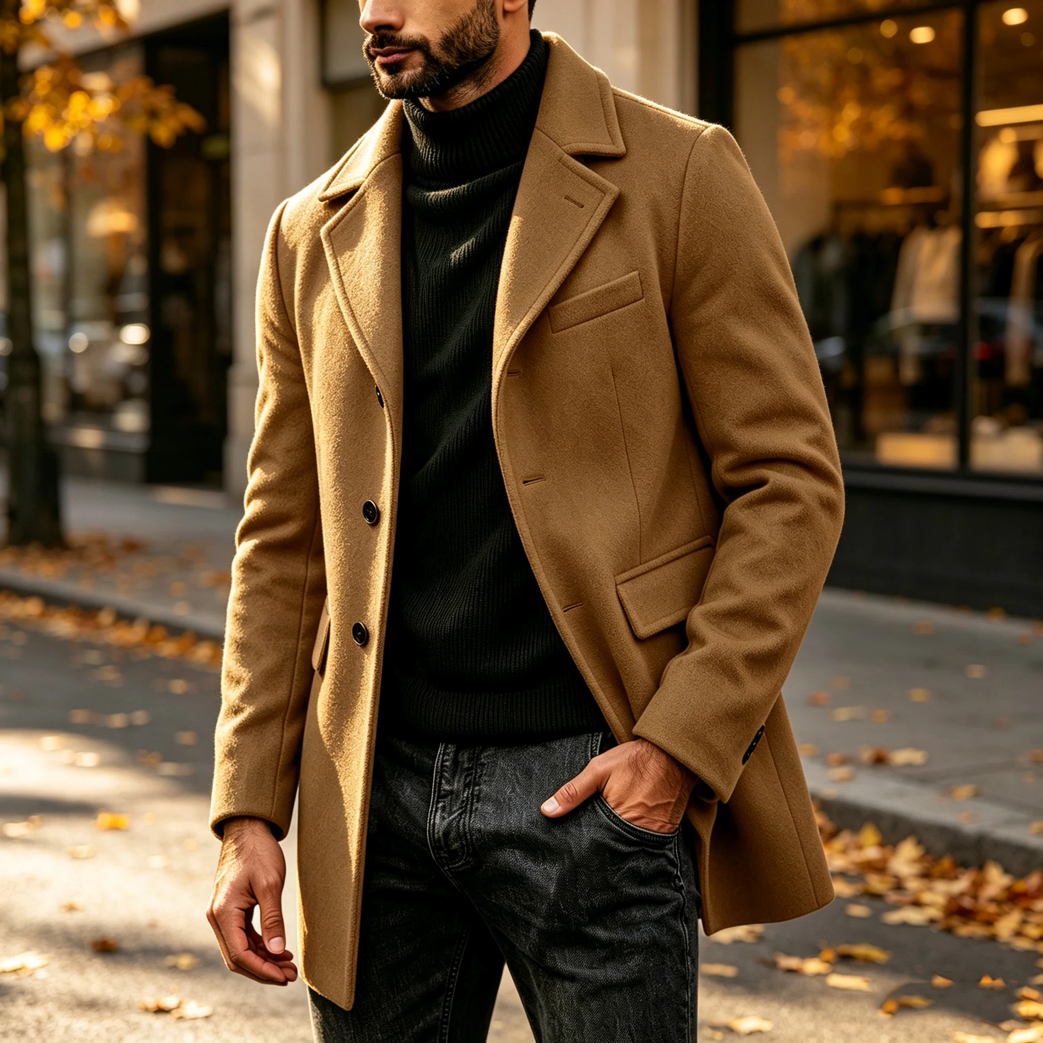 Men's Short Wool Blend Coat Lapel Overcoat Single‑Breasted Autumn Winter Warm Thick Business Casual Formal Outerwear Jacket