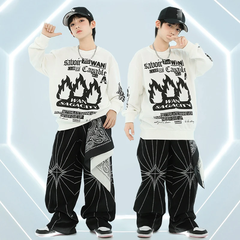 Nieuwe Hip Hop Jongens Kleding Losse Lange Mouwen Tops Zwarte Broek Street Dance Kleding Breaking Prestaties Kostuum Kids Set BL14377