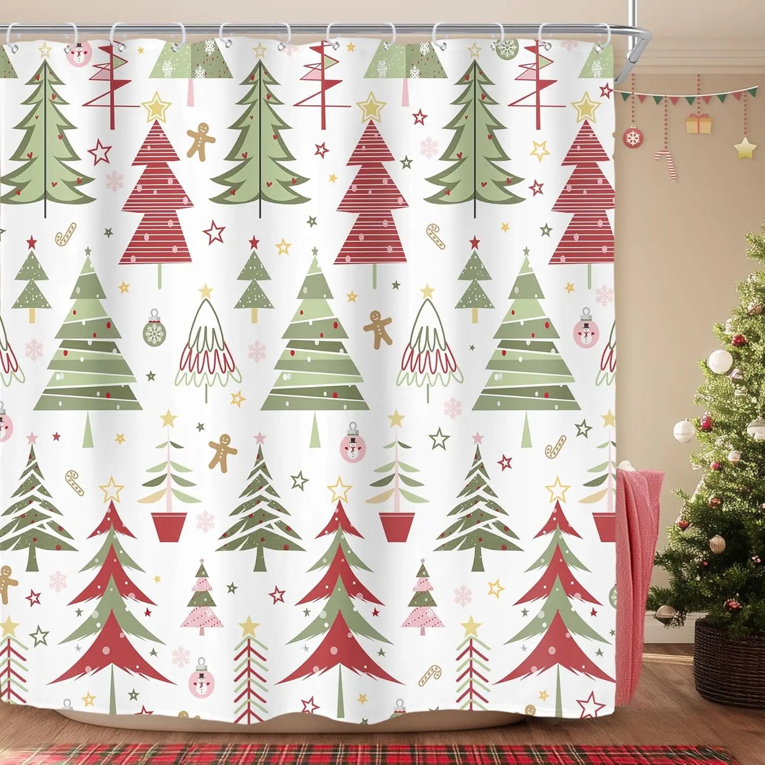 Christmas Shower Curtain for Bathroom Decor New Year Holiday Xmas Winter Gingerbread Colorful Green Red Pine Tree Art Printed