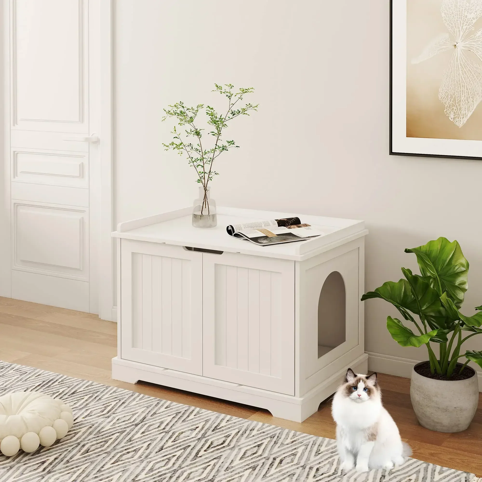 HOME BI Cat Litter Box Enclosure, Cat Litter Box Furniture Hidden, Cat Washroom Storage Bench, Pet Crate Furniture, Modern Woode