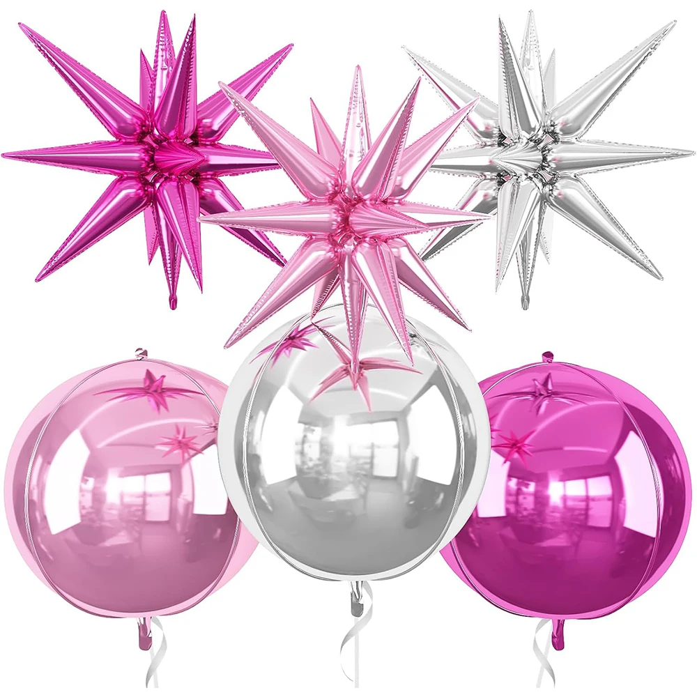 6 Stück Rosa Stern-Geburtstagsballons 22 Zoll 4D Runde Helium-Globos Sternförmige Folienballons für Hochzeit Jubiläum Party Dekoration