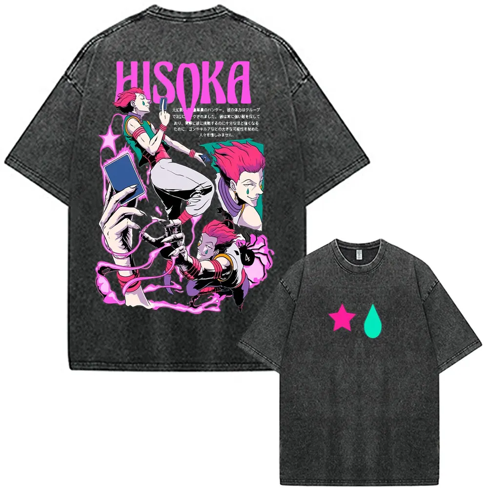 Anime Hunter X Hunter Phantom Troupe Hisoka Vintage Washed T-shirts Men Women Clothing Fashion Short Sleeve Oversized Tee Shirts