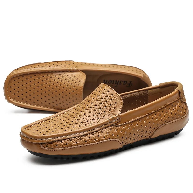 

Men Casual Shoes Luxury Brand Genuine Leather Mens Loafers Moccasins Hollow Out Breathable Slip on Driving Shoes 2026 New