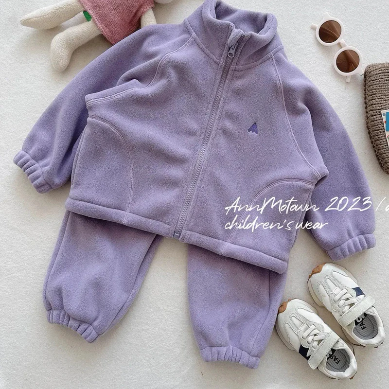 Autumn Winter New Girls Clothing Set Solid Color Double-faced Fleece Thick Warm Zipper Coat+Pants 2Pcs Suit For 2-8Y Boys Outfit