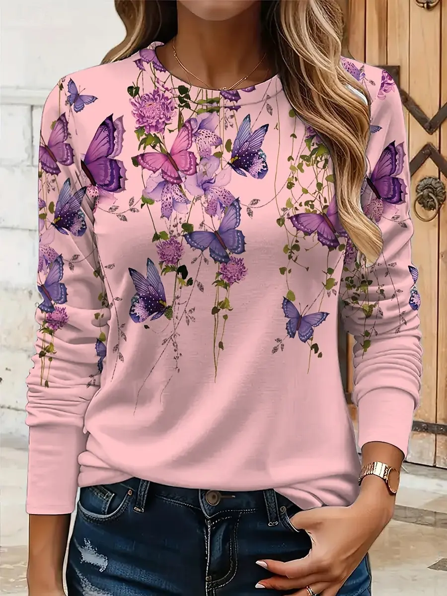 Women's 3D Butterfly Print T-shirt Fashion Long Sleeve Round Neck Regular Tops Holiday Weekend Spring and Autumn