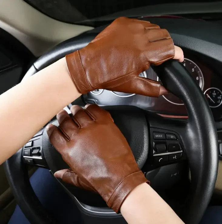 Men's Semi-finger Genuine Sheepskin Leather Driving Gloves Male Natural Leather Fingerless Riding Fitness Sports Show Gloves