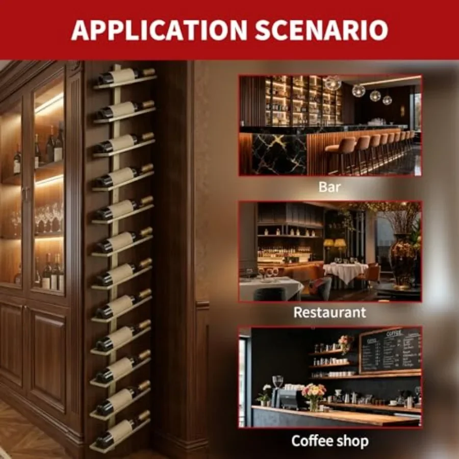 Wall-mounted 12-tier wine rack for dining rooms, kitchens, home bars, wine cellars; metal; black; holds 60 bottles with display