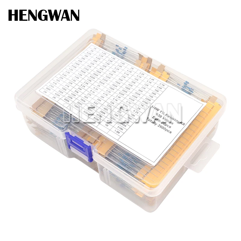 1/4W 1/8W 1/2W 1W 2W 1% Kit Resistor Film logam 130 nilai 0.25W 0.5W Set bermacam-macam resistensi