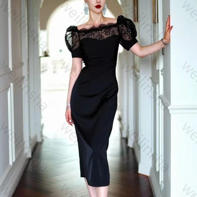 

Sexy Black Lace Short Sleeves Evening Dresses Elegant Celebrity Dress Exquisite High Quality Prom Party Gowns Women Customized