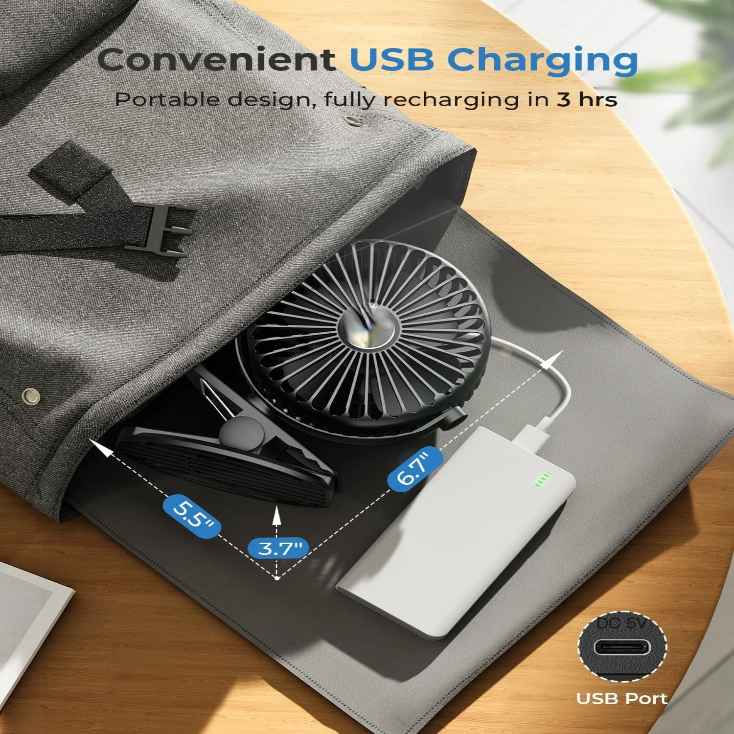 Portable Clip On Fan USB Rechargeable, Small Desk Fan Battery Operated, Baby Stroller Fan With 3 Speeds, Quiet Personal Fan For