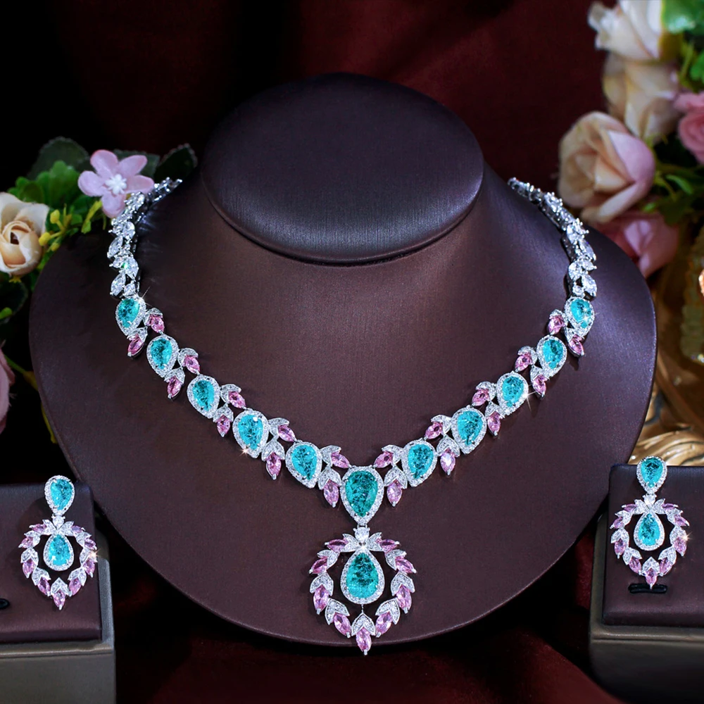 

BeaQueen Brilliant Engagement Party Jewelry Sets for Women Big Green Pink Cubic Zirconia Tear Drop Necklace Earrings T0986