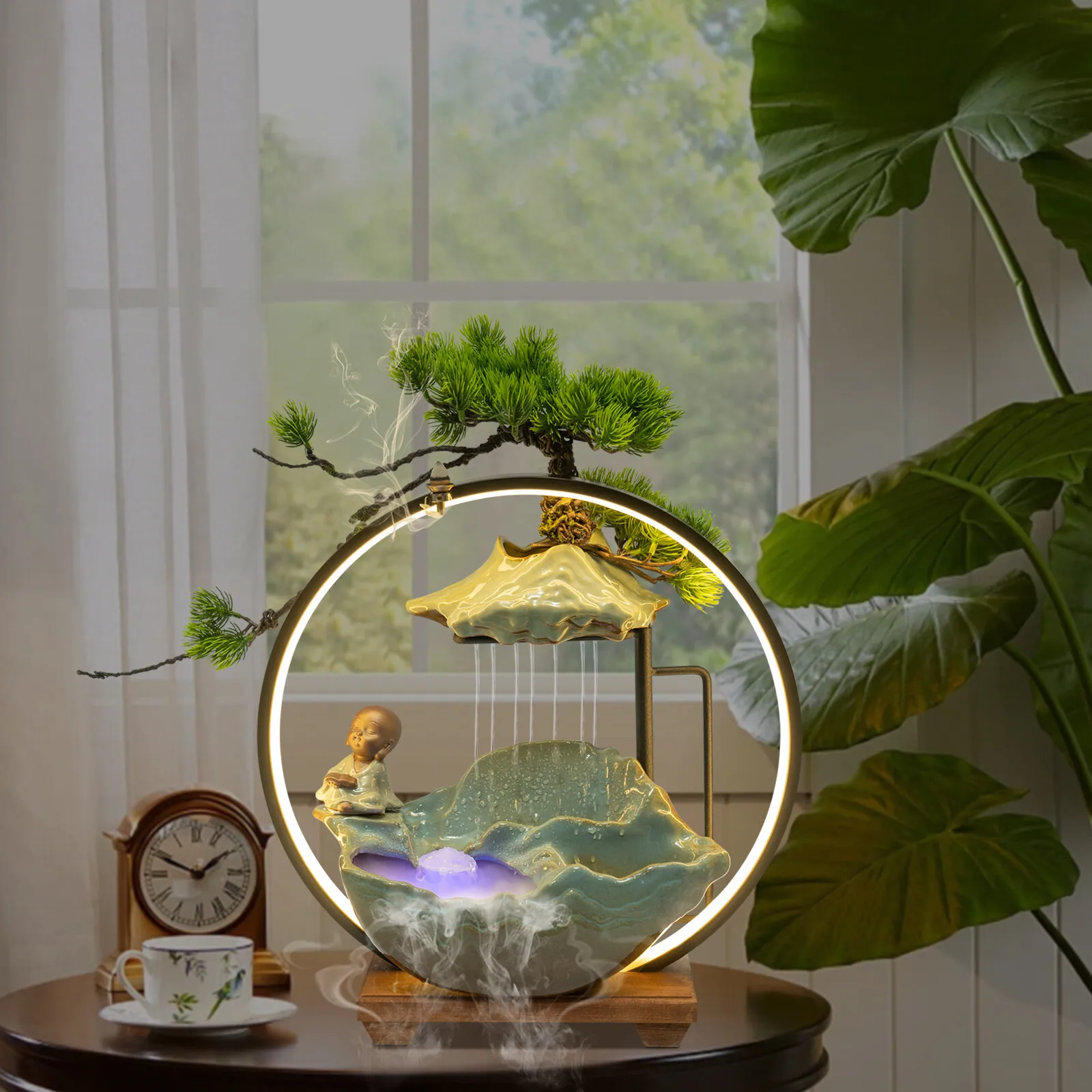 

Mini Tabletop Water Fountain with LED Light Indoor Waterfall Mist Fountain for Desk Home Office Decor Relaxation Spa Feng