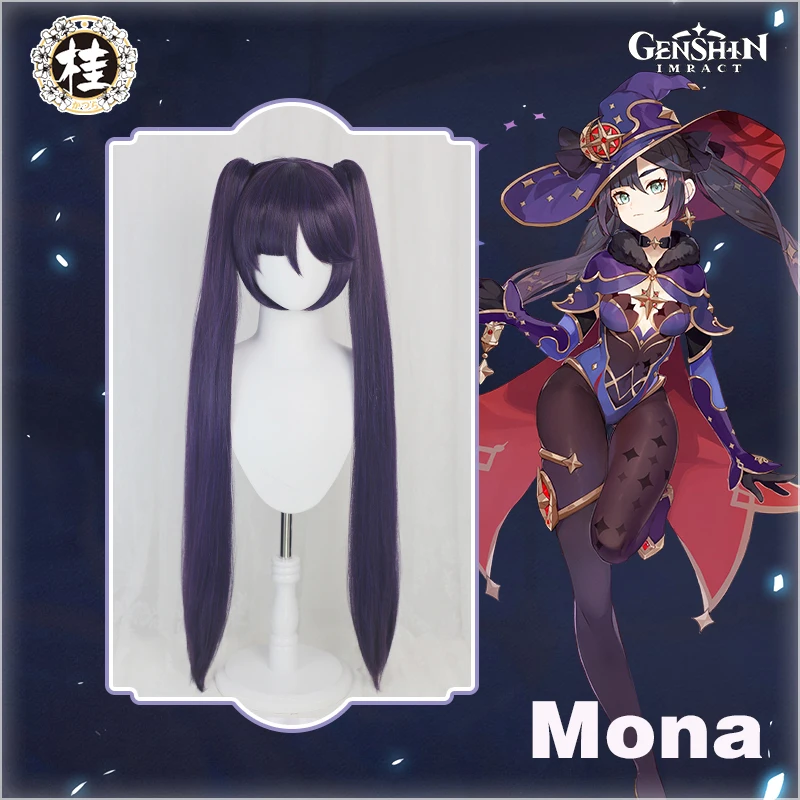 

UWOWO Mona Megistus Cosplay Wig Game Genshin Impact Cosplay Astral Reflection 90cm Purple Twin Tail Wig Heat Resistant