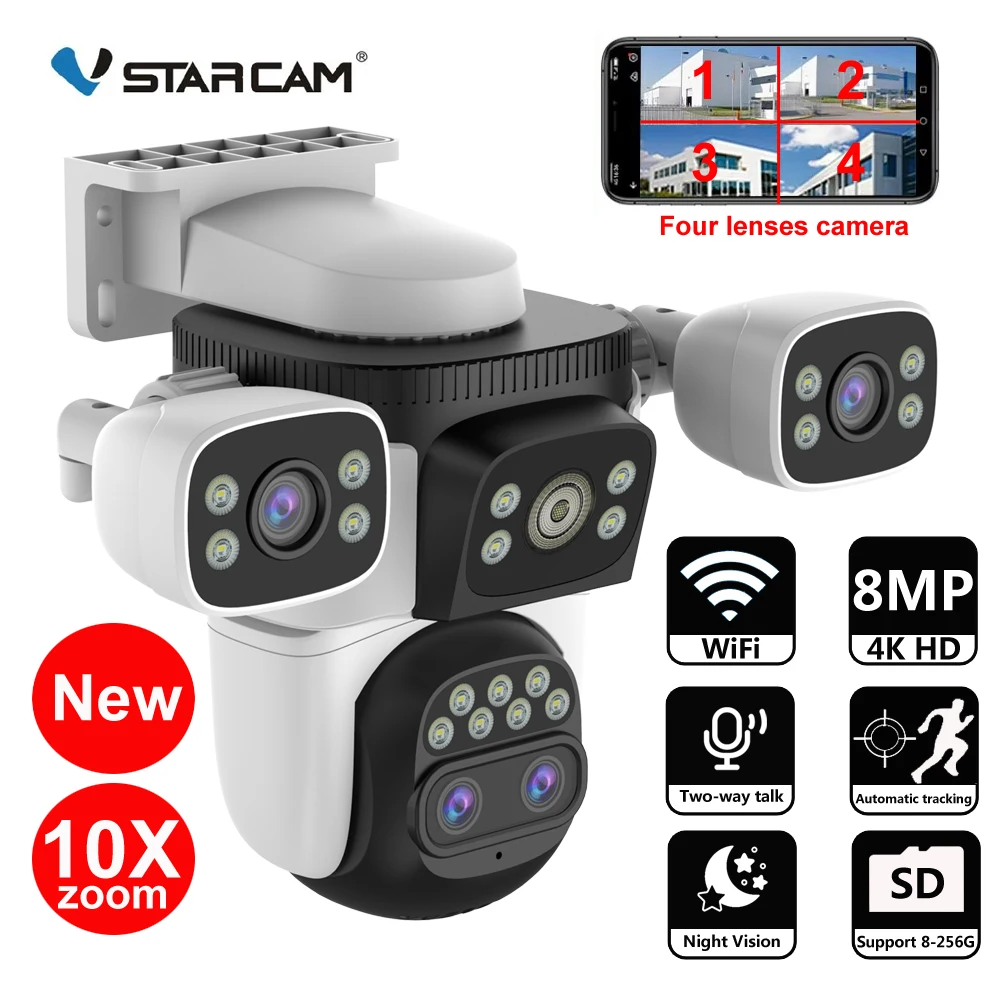 

Vstarcam 8MP 4K 10X Zoom WIFI IP Camera 4 Lens 4-Screens Outdoor Waterproof Smart Tracking PTZ Camera Video Surveillance Camera