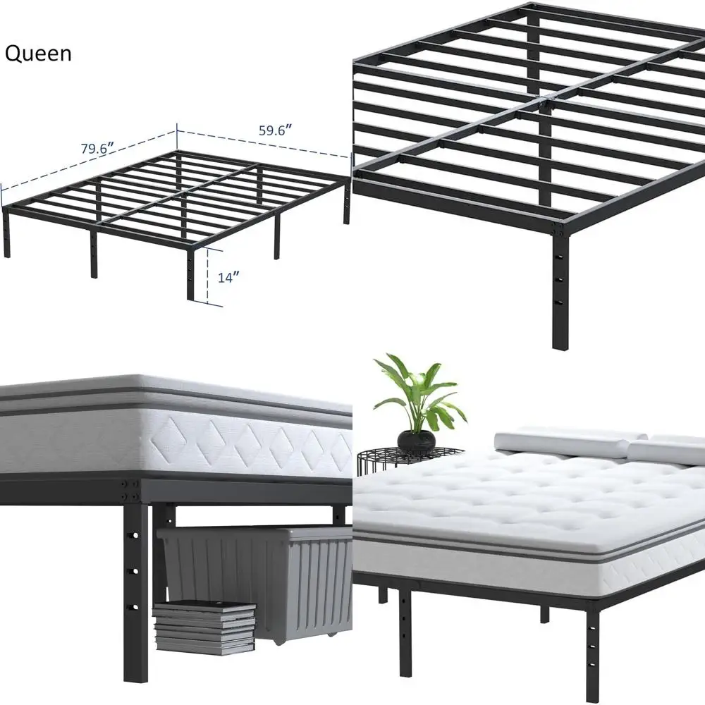 

Металлический каркас кровати размера «queen-size 14, коробчатая пружина не требуется, поддерживает до 3000 фунтов, простая сборка, тихий, черный